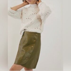 Anthropologie Tanya Faux Leather Snap-Front A-Line Skirt Olive Green Size 4